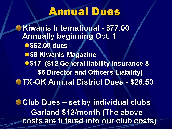 Annual Dues Kiwanis International - $77. 00 Annually beginning Oct. 1 $52. 00 dues