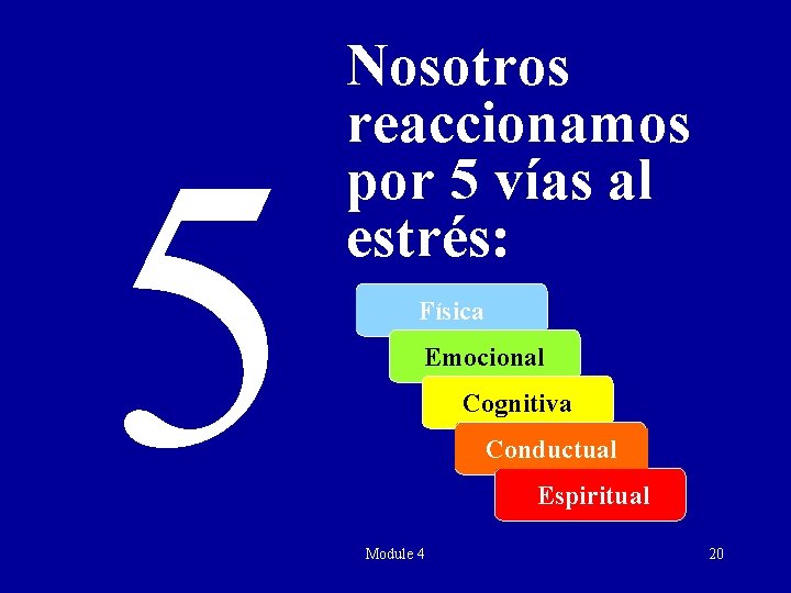 5 Nosotros reaccionamos por 5 vías al estrés: Física Emocional Cognitiva Conductual Espiritual Module