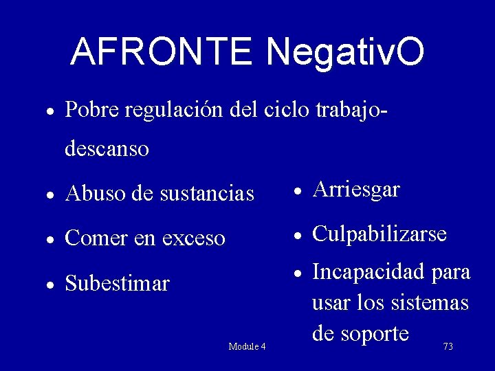 AFRONTE Negativ. O · Pobre regulación del ciclo trabajodescanso · Abuso de sustancias ·