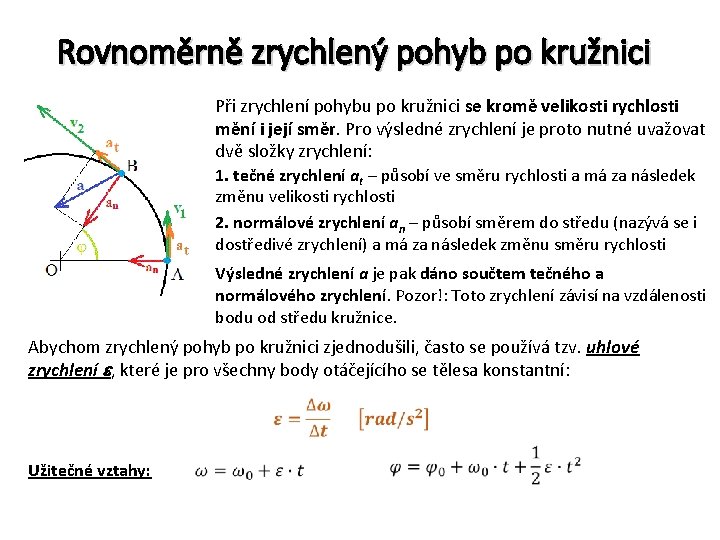 Rovnoměrně zrychlený pohyb po kružnici Při zrychlení pohybu po kružnici se kromě velikosti rychlosti