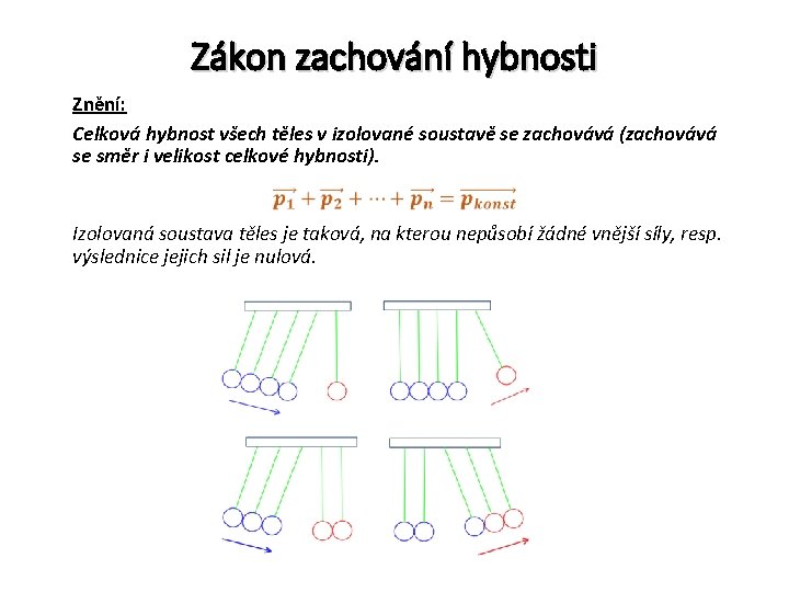 Zákon zachování hybnosti Znění: Celková hybnost všech těles v izolované soustavě se zachovává (zachovává