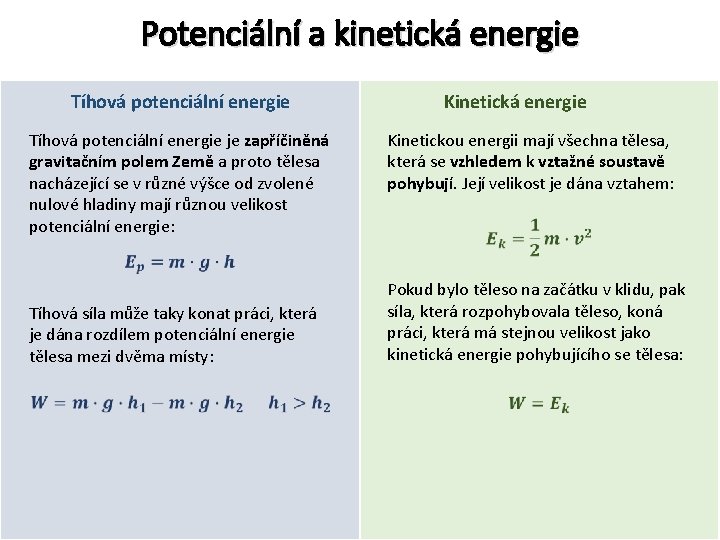 Potenciální a kinetická energie Tíhová potenciální energie je zapříčiněná gravitačním polem Země a proto