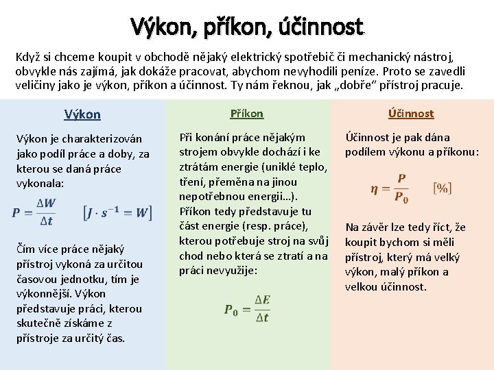 Výkon, příkon, účinnost Když si chceme koupit v obchodě nějaký elektrický spotřebič či mechanický