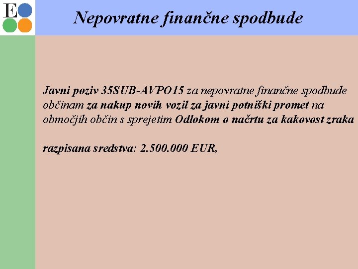 Nepovratne finančne spodbude Javni poziv 35 SUB-AVPO 15 za nepovratne finančne spodbude občinam za