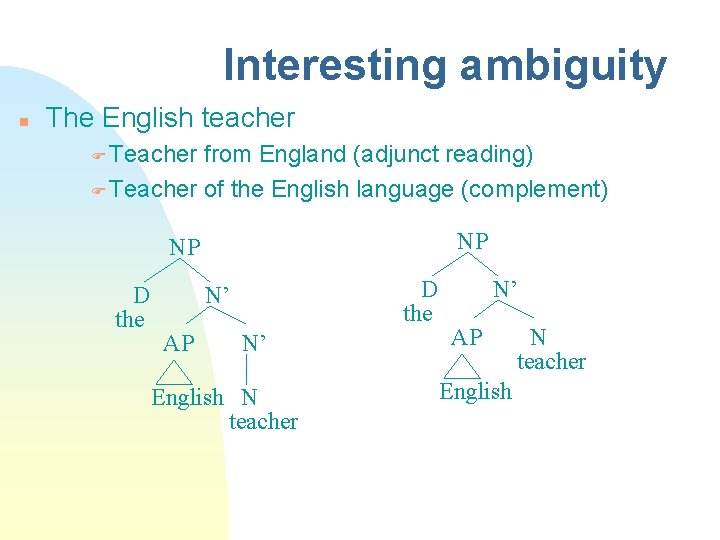 Interesting ambiguity n The English teacher F Teacher from England (adjunct reading) F Teacher