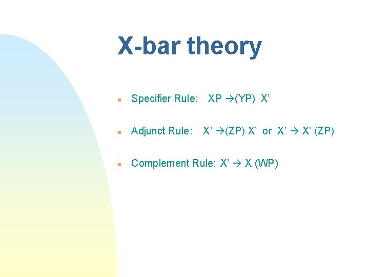 X-bar theory n Specifier Rule: XP (YP) X’ n Adjunct Rule: n Complement Rule:
