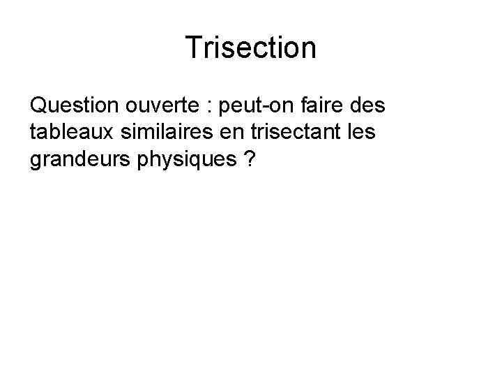 Trisection Question ouverte : peut-on faire des tableaux similaires en trisectant les grandeurs physiques