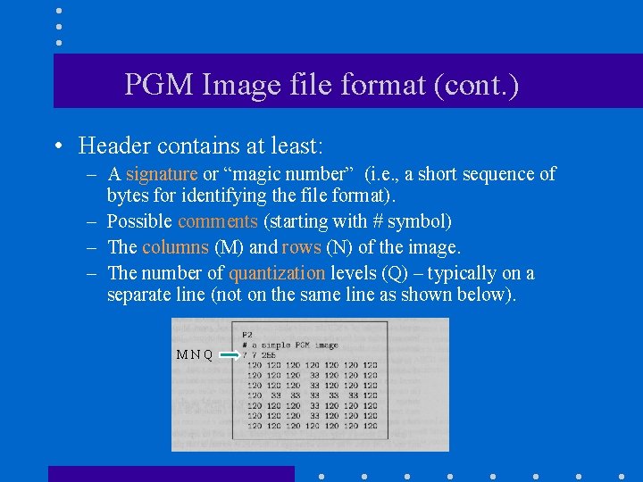 PGM Image file format (cont. ) • Header contains at least: – A signature