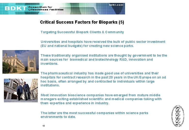 Critical Success Factors for Bioparks (5) Targeting Successful Biopark Clients & Community Universities and