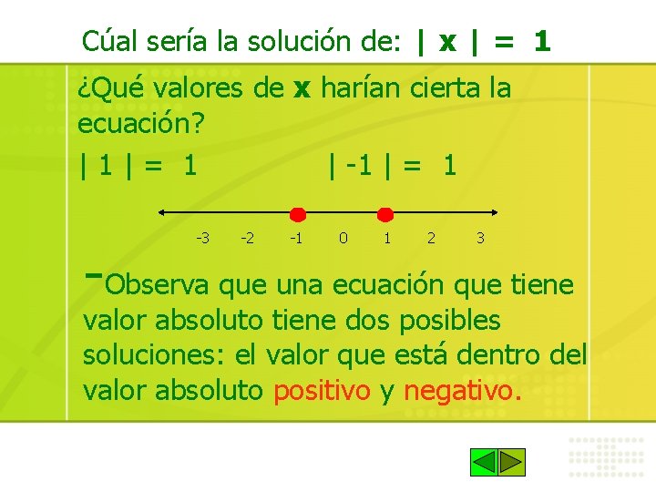 Cúal sería la solución de: | x | = 1 ¿Qué valores de x