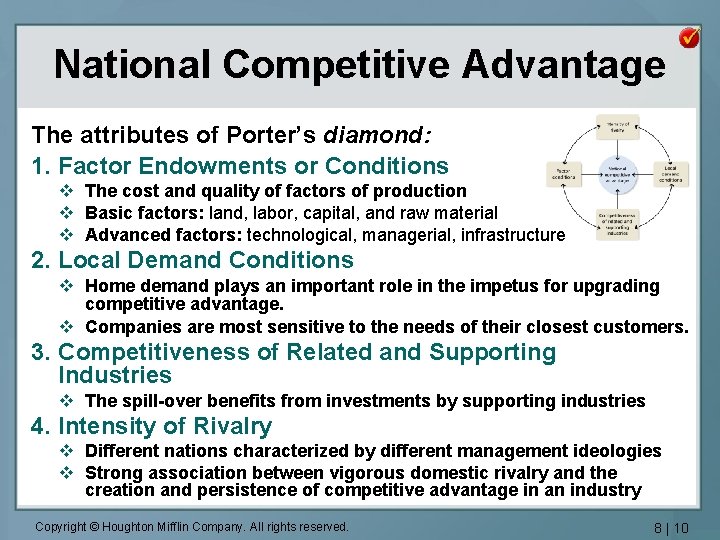 National Competitive Advantage The attributes of Porter’s diamond: 1. Factor Endowments or Conditions v