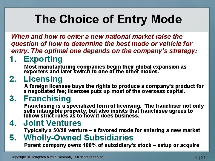 The Choice of Entry Mode When and how to enter a new national market