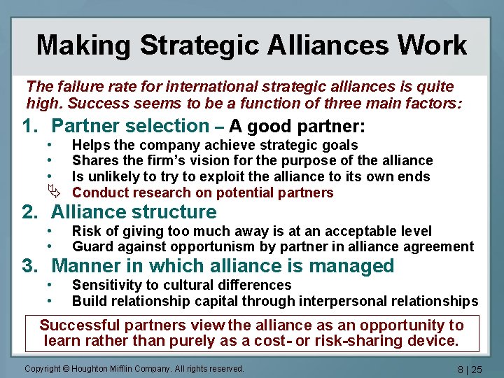Making Strategic Alliances Work The failure rate for international strategic alliances is quite high.
