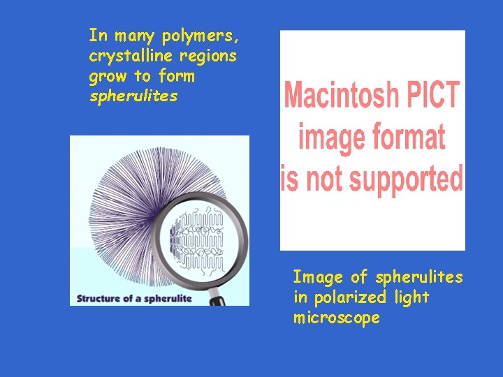 In many polymers, crystalline regions grow to form spherulites Image of spherulites in polarized