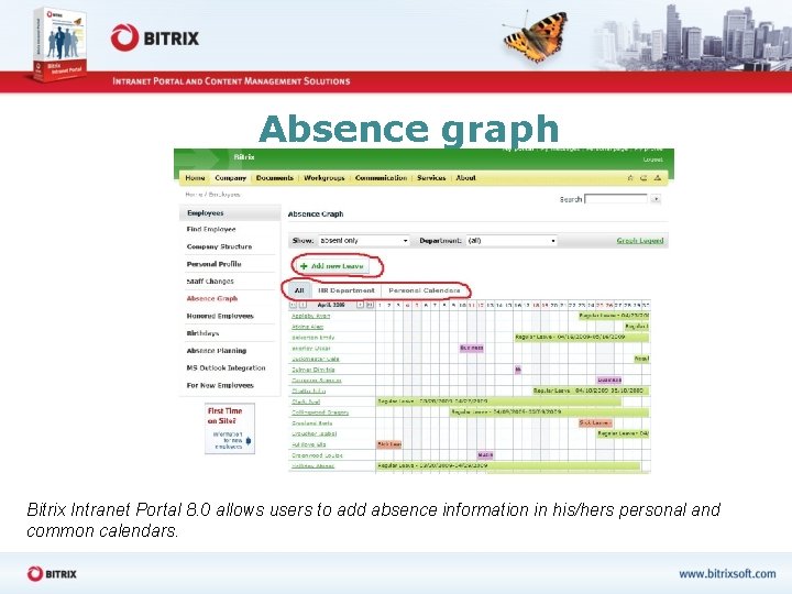 Absence graph Bitrix Intranet Portal 8. 0 allows users to add absence information in