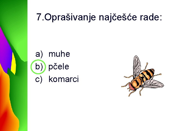 7. Oprašivanje najčešće rade: a) muhe b) pčele c) komarci 