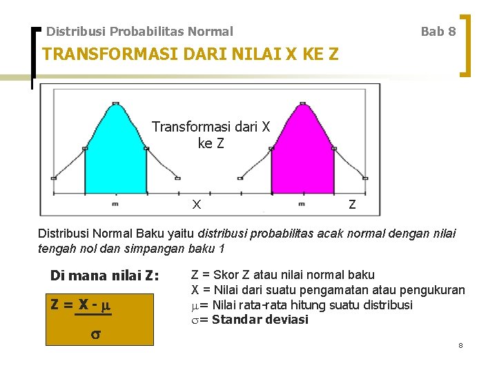 Distribusi Probabilitas Normal Bab 8 TRANSFORMASI DARI NILAI X KE Z Transformasi dari X