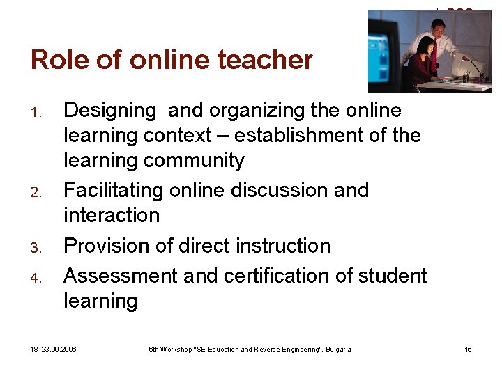 Role of online teacher 1. 2. 3. 4. Designing and organizing the online learning