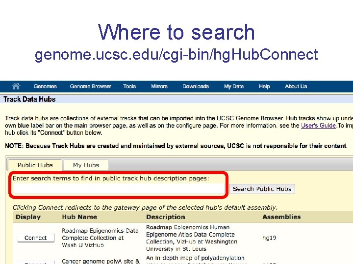 Where to search genome. ucsc. edu/cgi-bin/hg. Hub. Connect 
