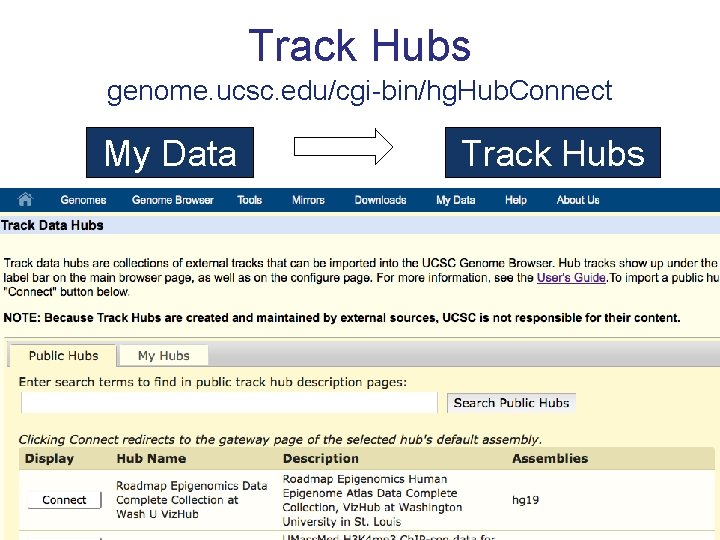 Track Hubs genome. ucsc. edu/cgi-bin/hg. Hub. Connect My Data Track Hubs 