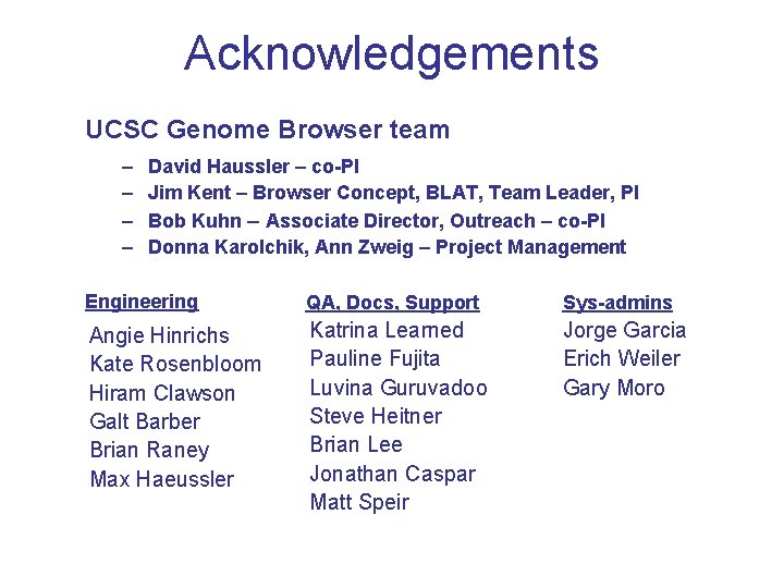 Acknowledgements UCSC Genome Browser team – – David Haussler – co-PI Jim Kent –