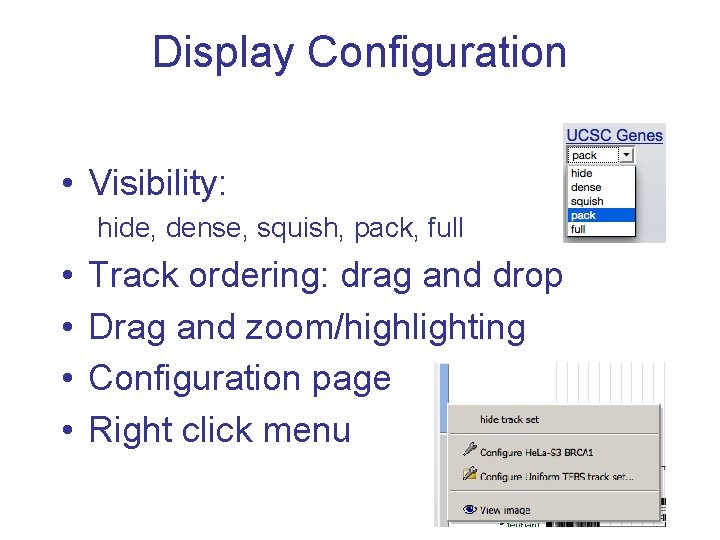 Display Configuration • Visibility: hide, dense, squish, pack, full • • Track ordering: drag