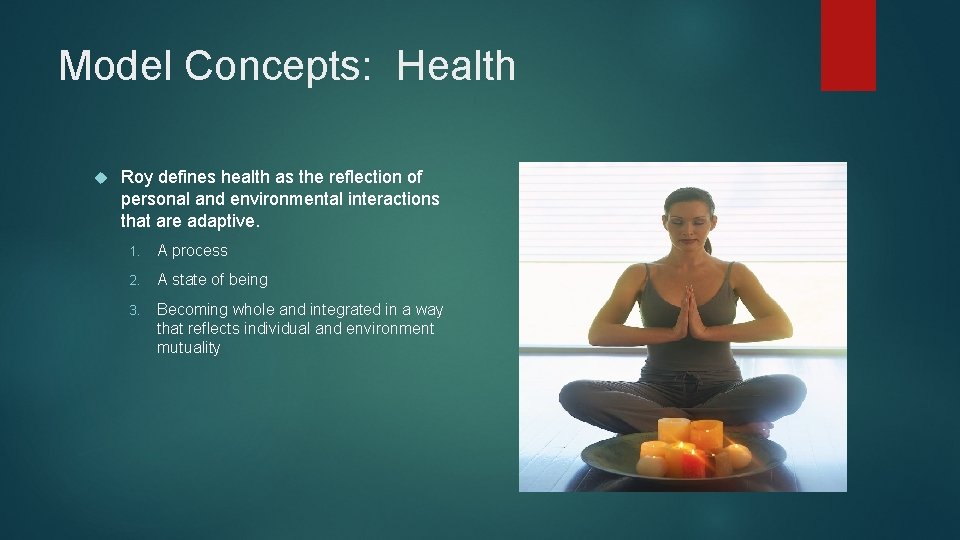 Model Concepts: Health Roy defines health as the reflection of personal and environmental interactions Model Concepts: Health Roy defines health as the reflection of personal and environmental interactions