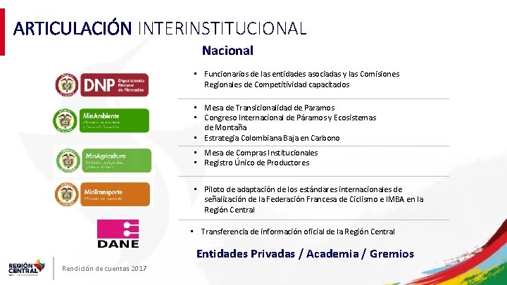 ARTICULACIÓN INTERINSTITUCIONAL Nacional • Funcionarios de las entidades asociadas y las Comisiones Regionales de