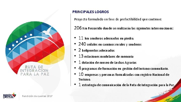 PRINCIPALES LOGROS Proyecto formulado en fase de prefactibilidad que contiene: 206 Km Recorrido donde