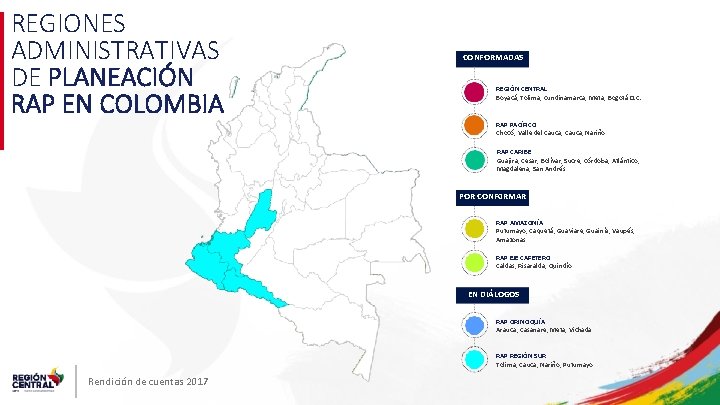 REGIONES ADMINISTRATIVAS DE PLANEACIÓN RAP EN COLOMBIA CONFORMADAS REGIÓN CENTRAL Boyacá, Tolima, Cundinamarca, Meta,