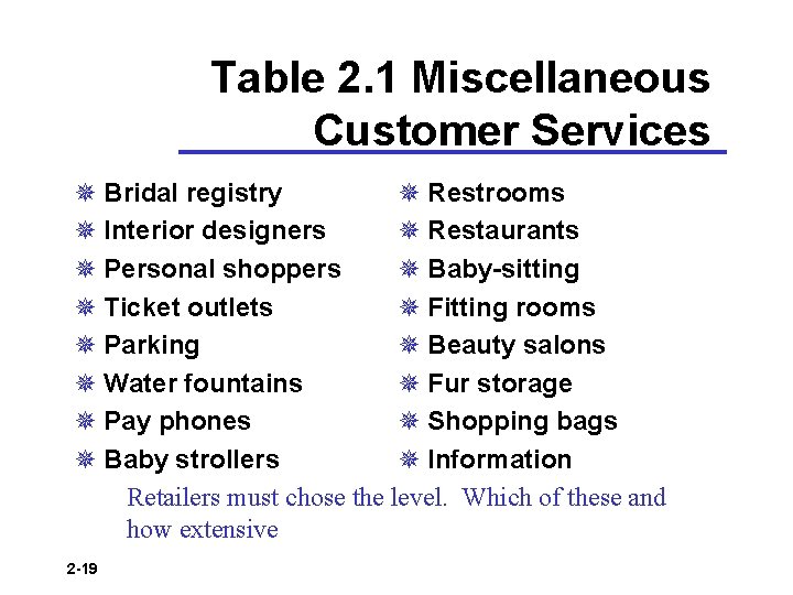 Table 2. 1 Miscellaneous Customer Services ¯ Bridal registry ¯ Restrooms ¯ Interior designers