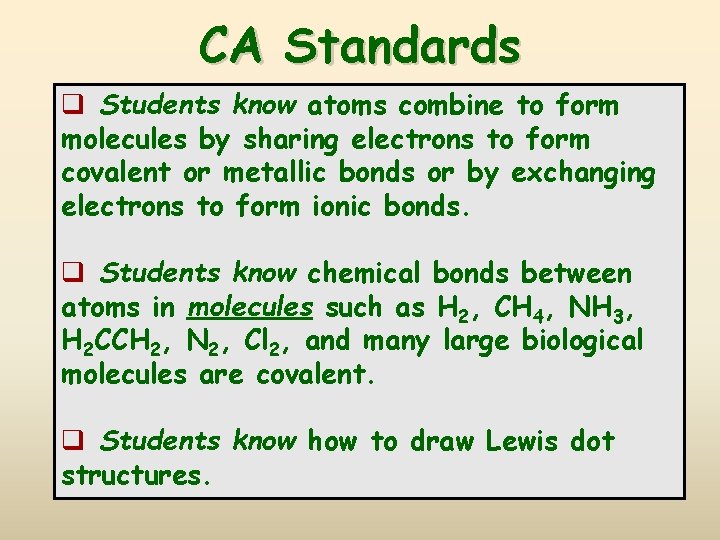 CA Standards q Students know atoms combine to form molecules by sharing electrons to