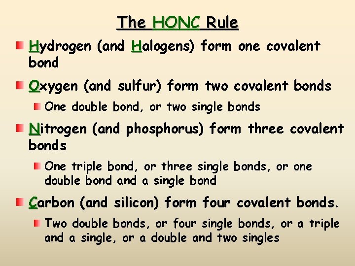 The HONC Rule Hydrogen (and Halogens) form one covalent bond Oxygen (and sulfur) form