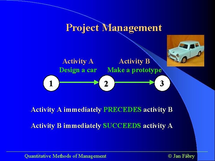 Project Management Activity A Design a car 1 Activity B Make a prototype 2