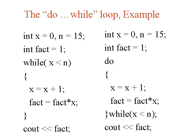 The “do …while” loop, Example int x = 0, n = 15; int fact