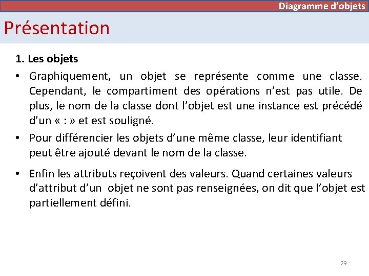 Diagramme de cas d’utilisation Diagramme d’objets Présentation 1. Les objets • Graphiquement, un objet