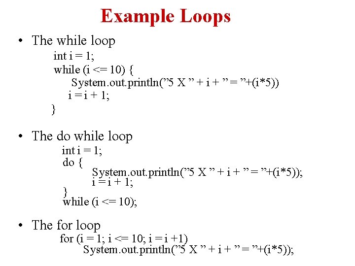 Example Loops • The while loop int i = 1; while (i <= 10)