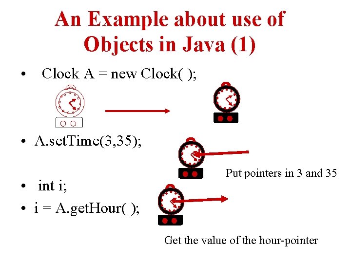An Example about use of Objects in Java (1) • Clock A = new