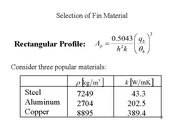 Selection of Fin Material Rectangular Profile: Consider three popular materials: Steel Aluminum Copper 7249