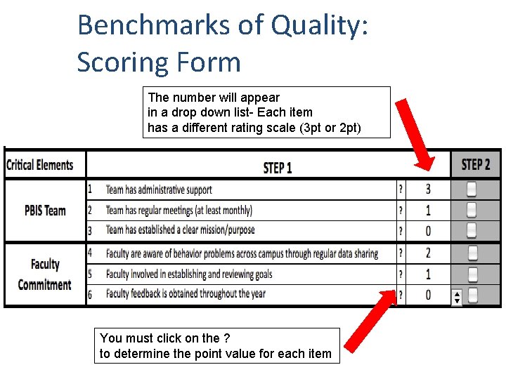 Benchmarks of Quality: Scoring Form The number will appear in a drop down list-