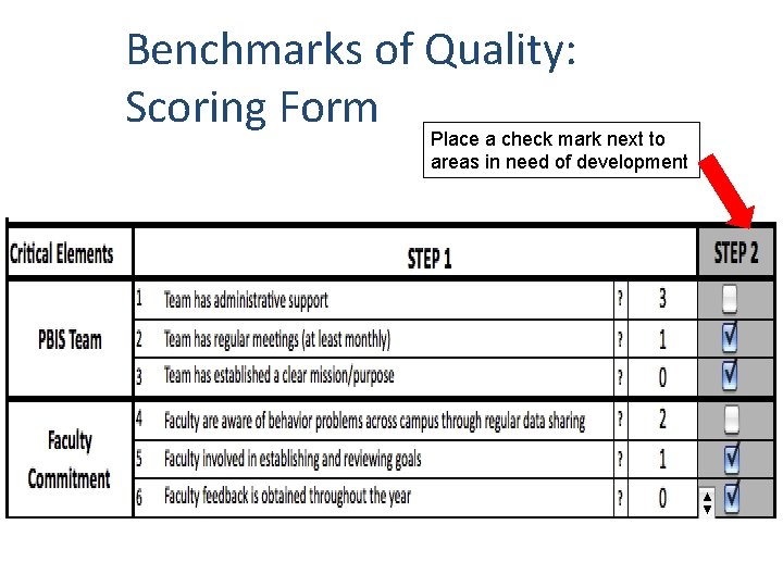 Benchmarks of Quality: Scoring Form Place a check mark next to areas in need