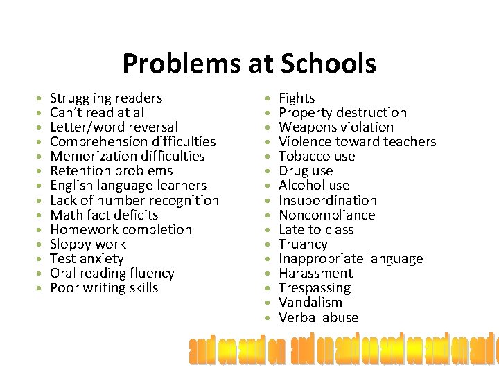 Problems at Schools • • • • Struggling readers Can’t read at all Letter/word