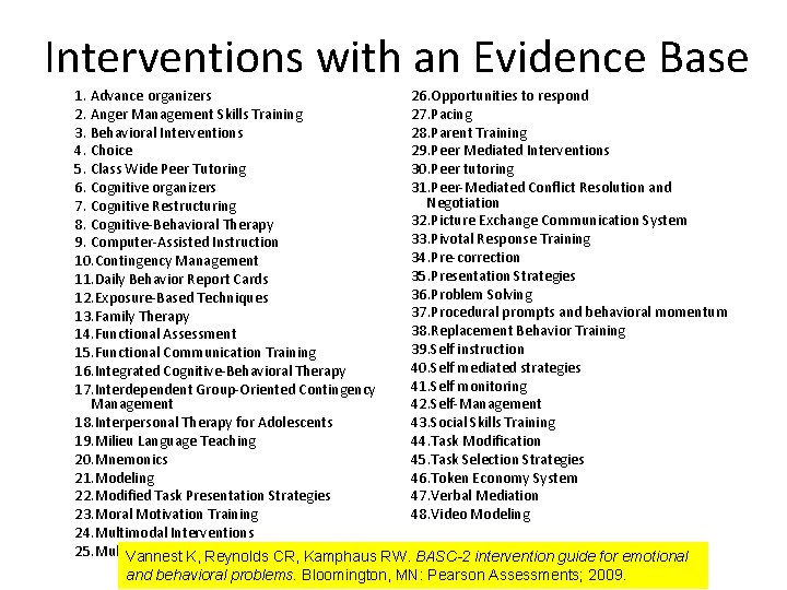 Interventions with an Evidence Base 1. Advance organizers 26. Opportunities to respond 2. Anger