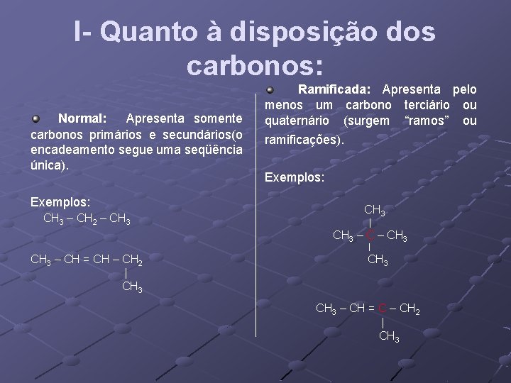 I- Quanto à disposição dos carbonos: Normal: Apresenta somente carbonos primários e secundários(o encadeamento