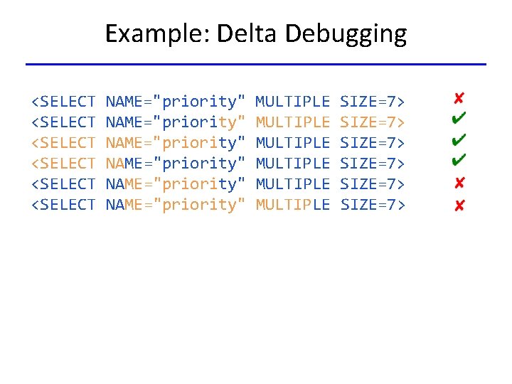 Example: Delta Debugging <SELECT <SELECT NAME="priority" NAME="priority" MULTIPLE MULTIPLE SIZE=7> SIZE=7> 