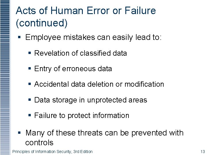 Acts of Human Error or Failure (continued) Employee mistakes can easily lead to: Revelation