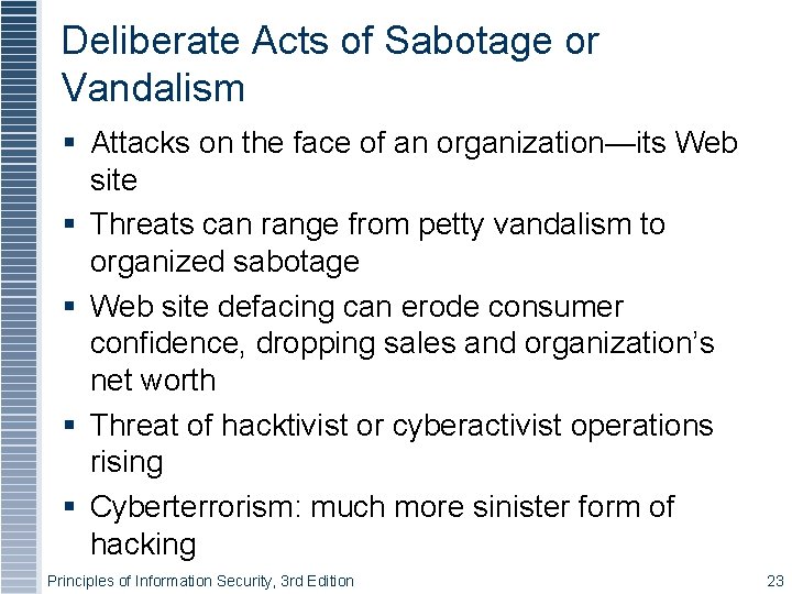 Deliberate Acts of Sabotage or Vandalism Attacks on the face of an organization—its Web