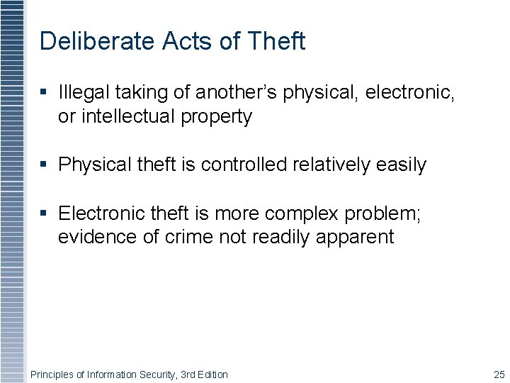 Deliberate Acts of Theft Illegal taking of another’s physical, electronic, or intellectual property Physical