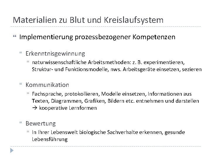 Materialien zu Blut und Kreislaufsystem Implementierung prozessbezogener Kompetenzen Erkenntnisgewinnung Kommunikation naturwissenschaftliche Arbeitsmethoden: z. B.