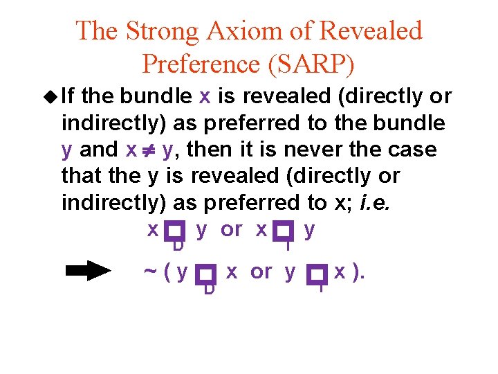 The Strong Axiom of Revealed Preference (SARP) u If the bundle x is revealed
